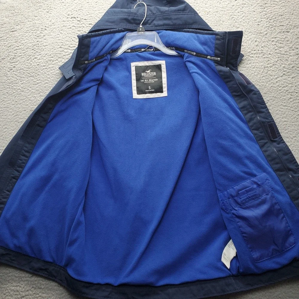Hollister All-Weather Hooded Jacket Men S Navy Fleece Lined Hook & Loop Full Zip